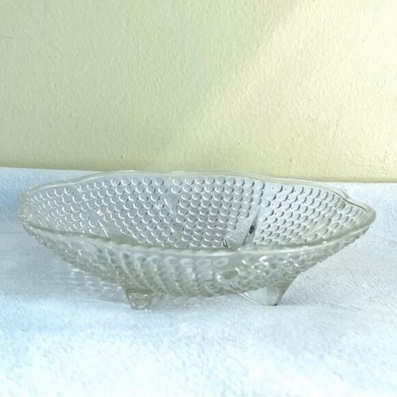 Vtg Hazel Atlas Glass Footed Candy Dish Bowl Trinket Tray Hobnail Scalloped - Picture 2 of 6
